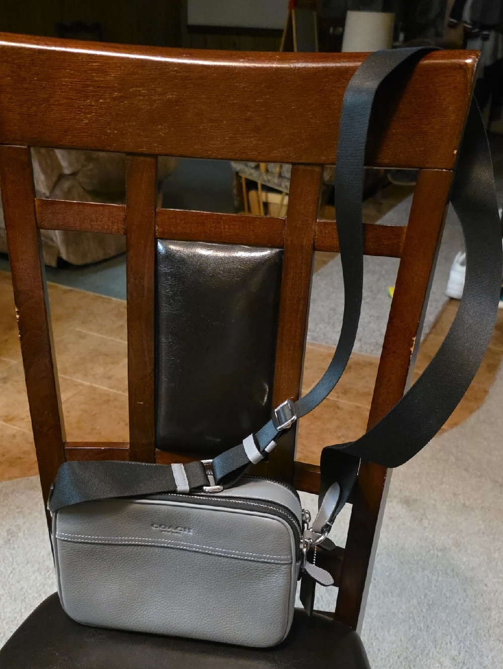 Coach Men's Gray Pebbled Leather Messenger Crossbody with Black Strap